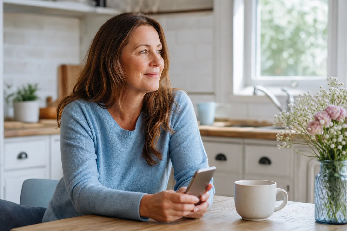 A woman standing in a bright kitchen, calm after finding a path forward.